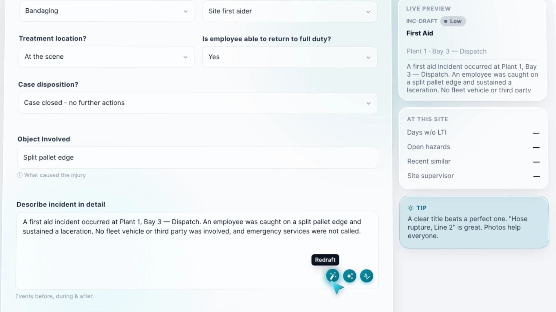 An incident report form in Neptune EHS, with a live preview of the draft beside it