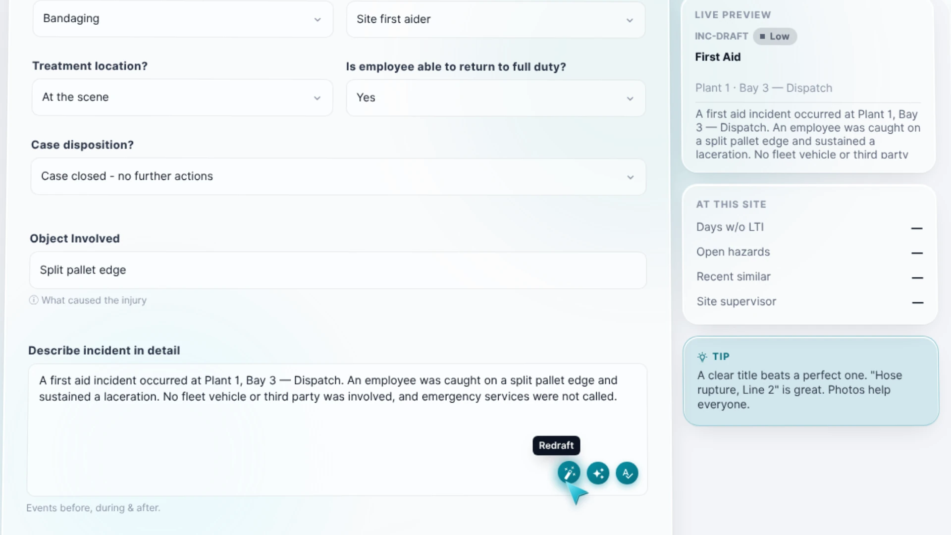 An incident report form in Neptune EHS, with a live preview of the draft beside it