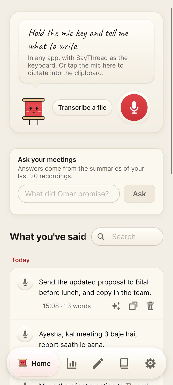 The SayThread Android app's home screen: a mic button, a box to ask your meetings, and the list of what you've said