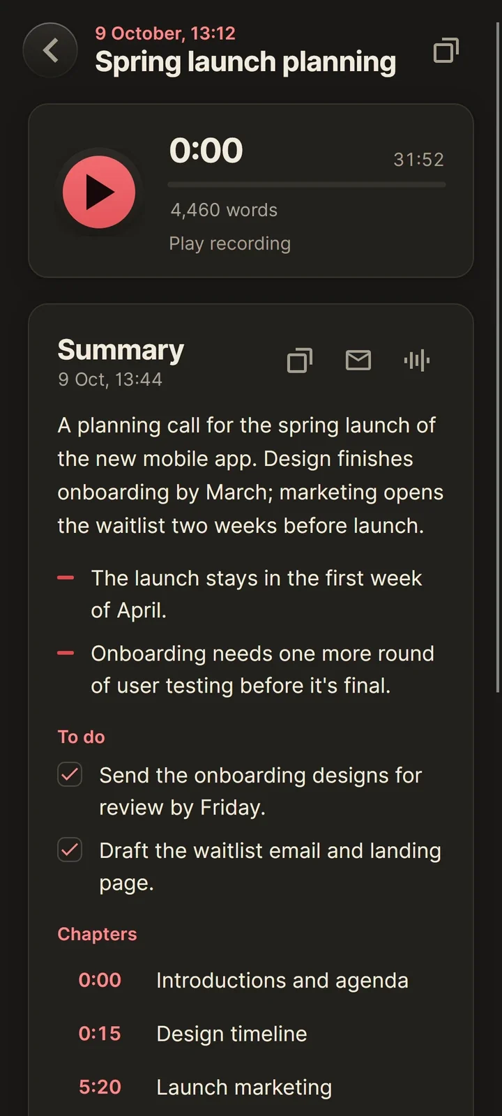 A recorded meeting in SayThread's dark theme, with its summary, a to-do list and chapters
